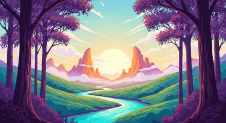 A vibrant landscape featuring a winding river, lush greenery, and majestic mountains under a radiant sunset sky