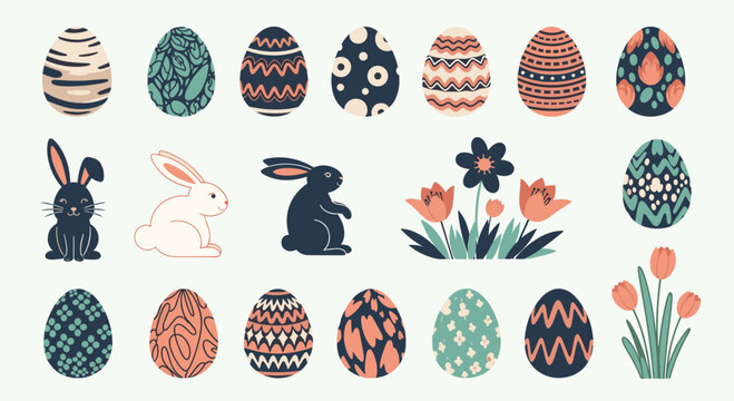 A charming collection of pixel art easter eggs bunnies and tulips in muted colors.