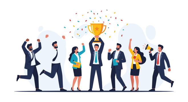 A group of diverse business professionals celebrates a major victory holding a golden trophy with confetti falling around them.