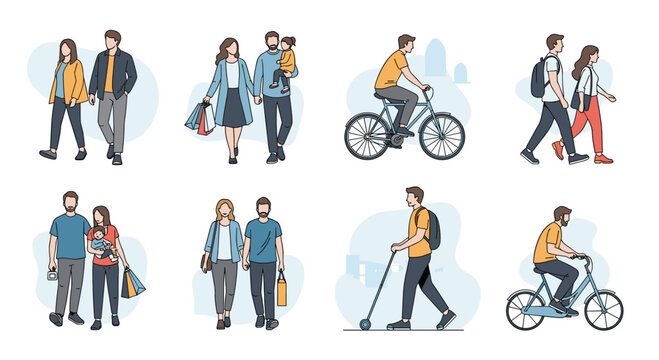 Illustrations of people engaged in various urban and recreational activities.
