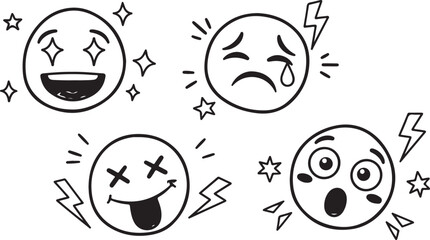 Hand-Drawn Emoji Faces Set – Cute Expressions, Happy, Sad, Shocked and Playful Doodle Icons Illustration