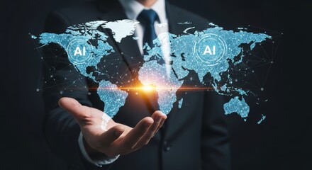Global connectivity and future technology illustrated by world map network connections and artificial intelligence concept presented by business professional