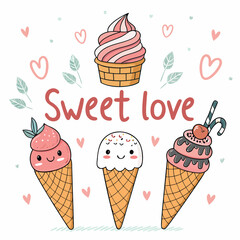 Hand drawn vector illustration of cute ice cream cones, with text Sweet love. Isolated objects on white background. Soft Ice Cream Design concept dessert, kids, greeting card, motivational poster.	

