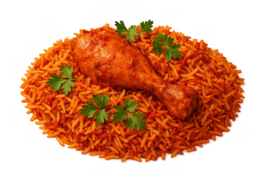 Jollof rice dish with roasted chicken drumstick, garnished with fresh parsley, west african cuisine on transparent background