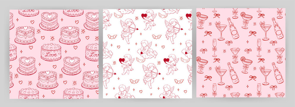 Seamless cake pattern with hearts and cute details