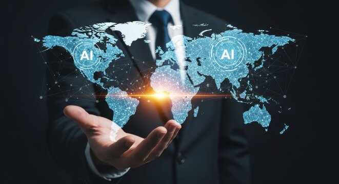 Global connectivity and future technology illustrated by world map network connections and artificial intelligence concept presented by business professional