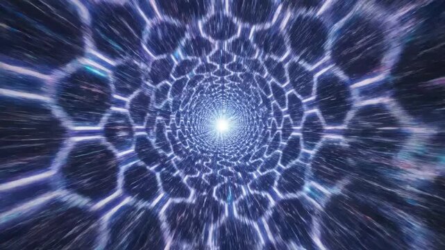 Abstract glowing tunnel of futuristic blue light and geometric patterns - Powered by Adobe