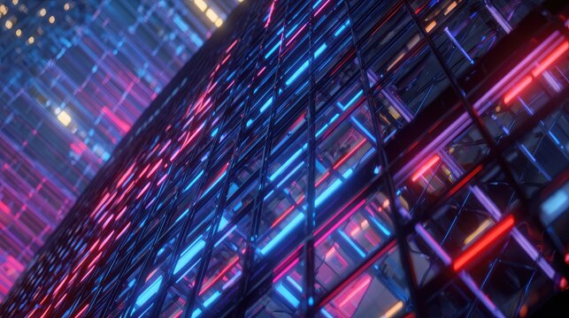 Digital grid network displaying glowing data streams