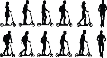 Obraz premium Silhouettes of diverse people riding scooters in various poses, modern urban transportation concept, active lifestyle movement, commuter mobility illustration