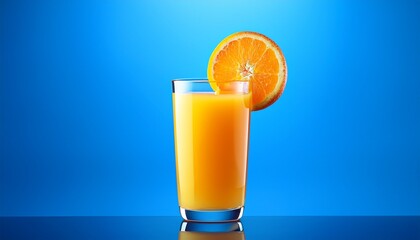 A Glass Of Orange Juice With An Orange Slice Garnishing The The Glass On A Blue Background