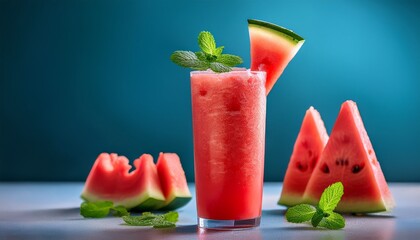 Watermelon Slush Is A Refreshing Drink Served In A Tall Glass Garnished With A Slice Of Watermelon And Fresh Mint Perfect For Warm Summer Days And Gatherings