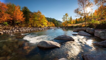 Flowing River Creates A Serene Landscape With Rocks And Trees During A Sunny Autumn Afternoon In The Wilderness