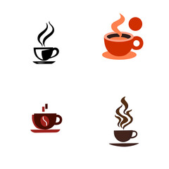 A set of coffee cup vector logos for cafe, shop, or beverage branding icon design, featuring hot steaming drinks and a coffee bean graphic. 