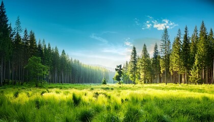 Scenic Forest Landscape With Tall Trees Green Grass And A Clear Sky Illustrating Nature Environment And Peaceful Outdoor Nature Scenery In A Colorful Illustration