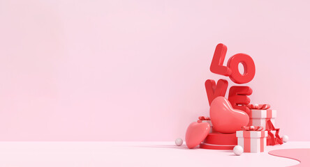 3d render valentine's day background with floating pink gifts and hearts on a pastel monochromatic backdrop. soft romantic design for wide e commerce banner.