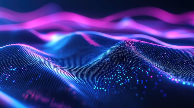 Abstract digital wave of glowing particles forming futuristic data network
