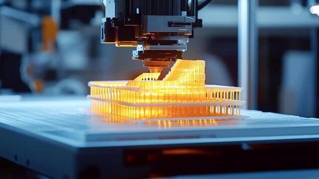High tech 3d printer producing an architectural prototype layer by layer, with the molten yellow plastic filament glowing brightly during the fused deposition modeling - fdm - additive process