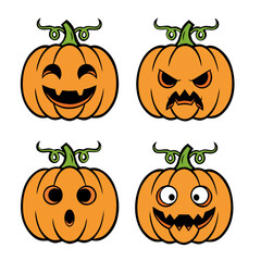 A set of cute halloween pumpkin vector illustrations with various carved faces and expressions, perfect for spooky holiday designs. 