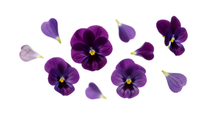 A delightful arrangement of vibrant purple pansy flowers and individual petals gracefully scattered on a pristine white background, showcasing nature's delicate beauty in full bloom
