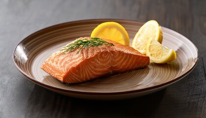 A Piece Of Cooked Salmon With Lemon On A Round Ceramic Plate