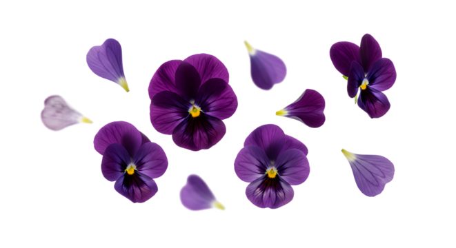 A delightful arrangement of vibrant purple pansy flowers and individual petals gracefully scattered on a pristine white background, showcasing nature's delicate beauty in full bloom