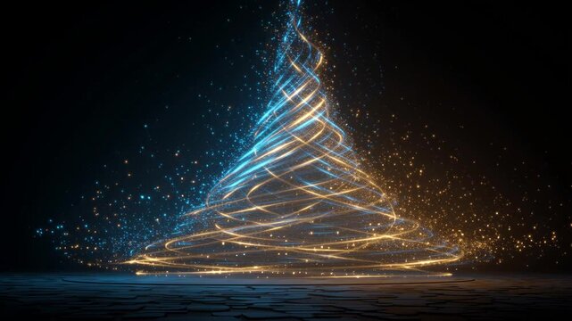 Futuristic holographic Christmas tree made of digital particles.