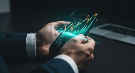 Businessman analyzing stock market data on a smartphone displaying financial growth charts and graphs for investment decisions