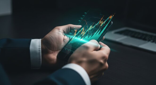 Businessman analyzing stock market data on a smartphone displaying financial growth charts and graphs for investment decisions