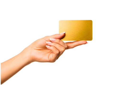 Hand holding a golden credit card isolated on transparent background - Powered by Adobe