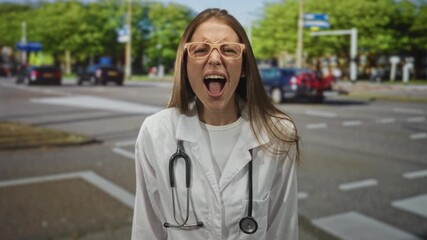 Woman doctor wearing stethoscope with mouth open shouting at traffic on city street crosswalk; panic urgency.