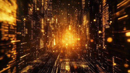 Abstract golden digital data streaming cyberspace network