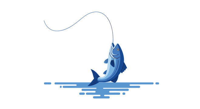 Catch of the day fresh fish illustration on hook above water, perfect for seafood restaurant ads or fishing blogs, vibrant blue tones