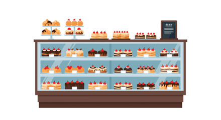 Delicious cakes and pastries tempt customers from a bakery display case filled with sweet treats topped with cherries for a delightful experience