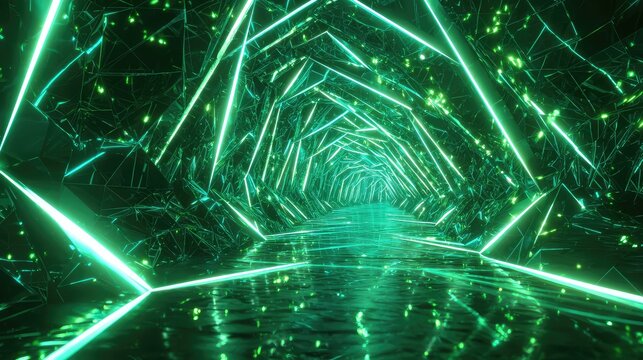 Abstract geometric tunnel glowing with neon green light