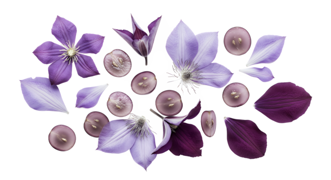 A captivating botanical medley of lavender clematis flowers and succulent berry slices scattered artistically, evoking a sense of calm and organic elegance