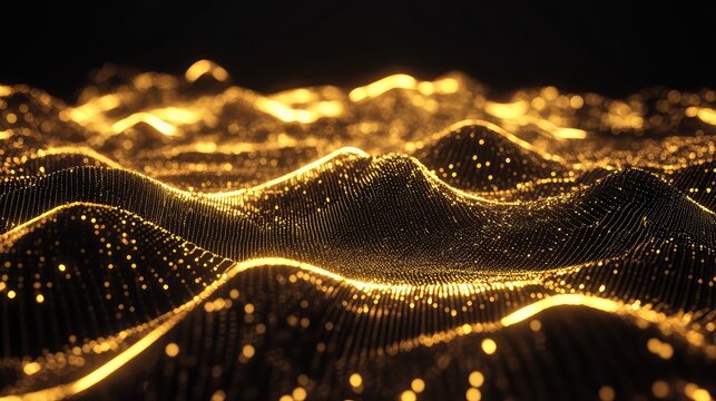 Golden glowing particle waves showing data visualization network
