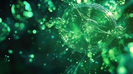 Glowing green network connecting molecular structures in bioluminescent environment