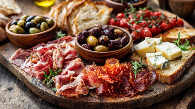 A wooden board filled with olives, bread, tomatoes, cheese, and cured meats for a delicious snack