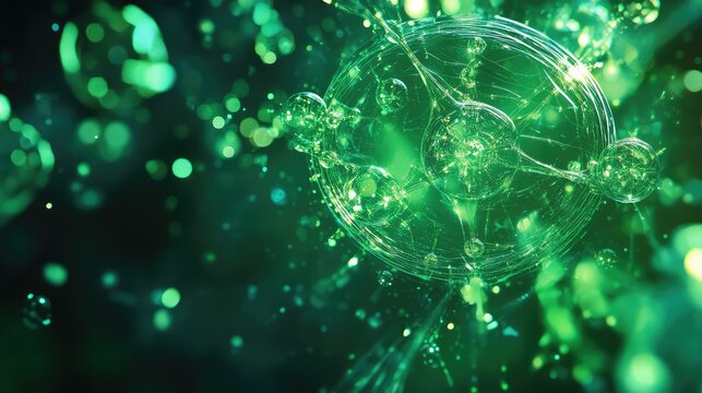 Glowing green network connecting molecular structures in bioluminescent environment