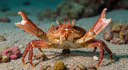 Majestic Crab Displaying Claws on Sandy Seabed Among Coral Reefs, A Colorful Marine Scene, Capturing the Beauty and Diversity of