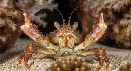 Majestic Crab Pose in Coral Reef: An Intricate Underwater Portrait of Crustacean Beauty and Marine Life
