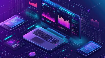 Analyzing data with laptop, tablet, and smartphone interfaces
