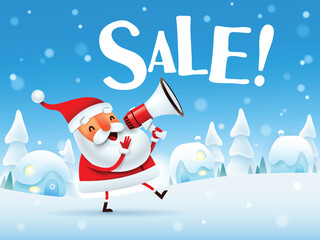 Santa makes announcement with megaphone on snow scene