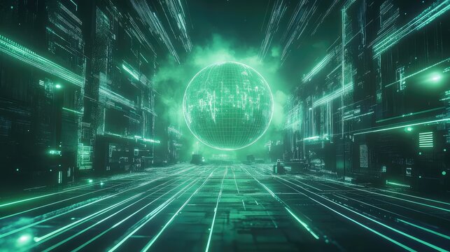 Digital data network moving through futuristic cyberspace city