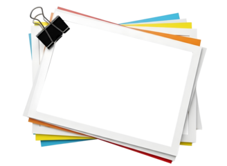 Stack of colorful paper sheets with a binder clip isolated on transparent background