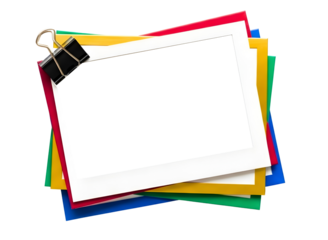 Stack of colorful paper sheets with clip isolated on transparent background