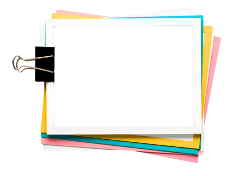 Stack of colorful paper sheets with a blank white frame isolated on transparent background