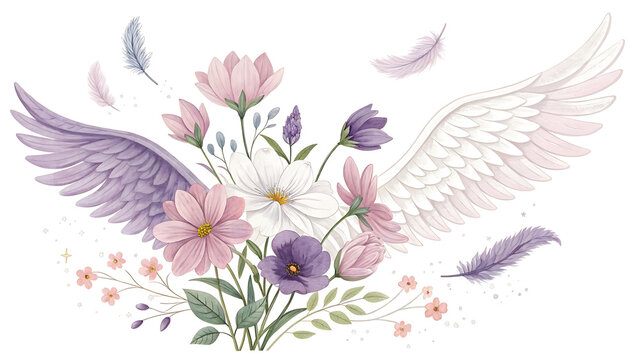 Watercolor flowers with angel wings and feathers 3d wallpaper home decoration custom 3d photo wallpaper panaflex design for wall hd background