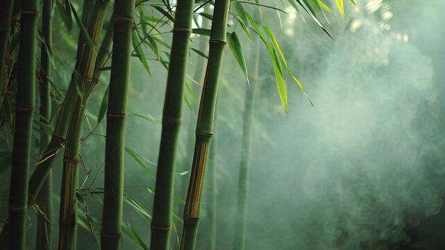 Mist rising through bamboo forest