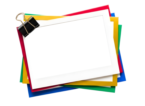 Stack of colorful paper sheets with clip isolated on transparent background